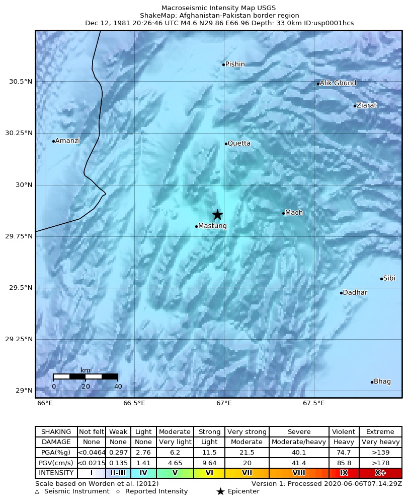 USGS ShakeMap: estimated shaking intensity around the epicenter