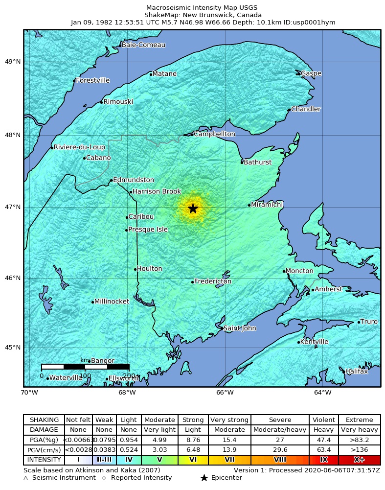 USGS ShakeMap: estimated shaking intensity around the epicenter