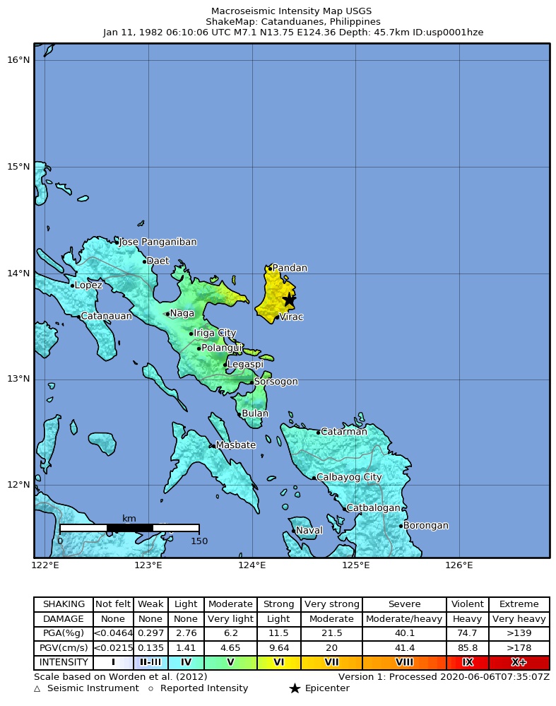 USGS ShakeMap: estimated shaking intensity around the epicenter