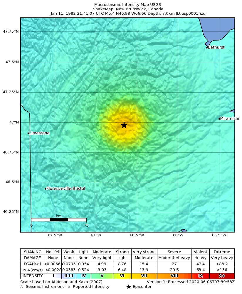 USGS ShakeMap: estimated shaking intensity around the epicenter