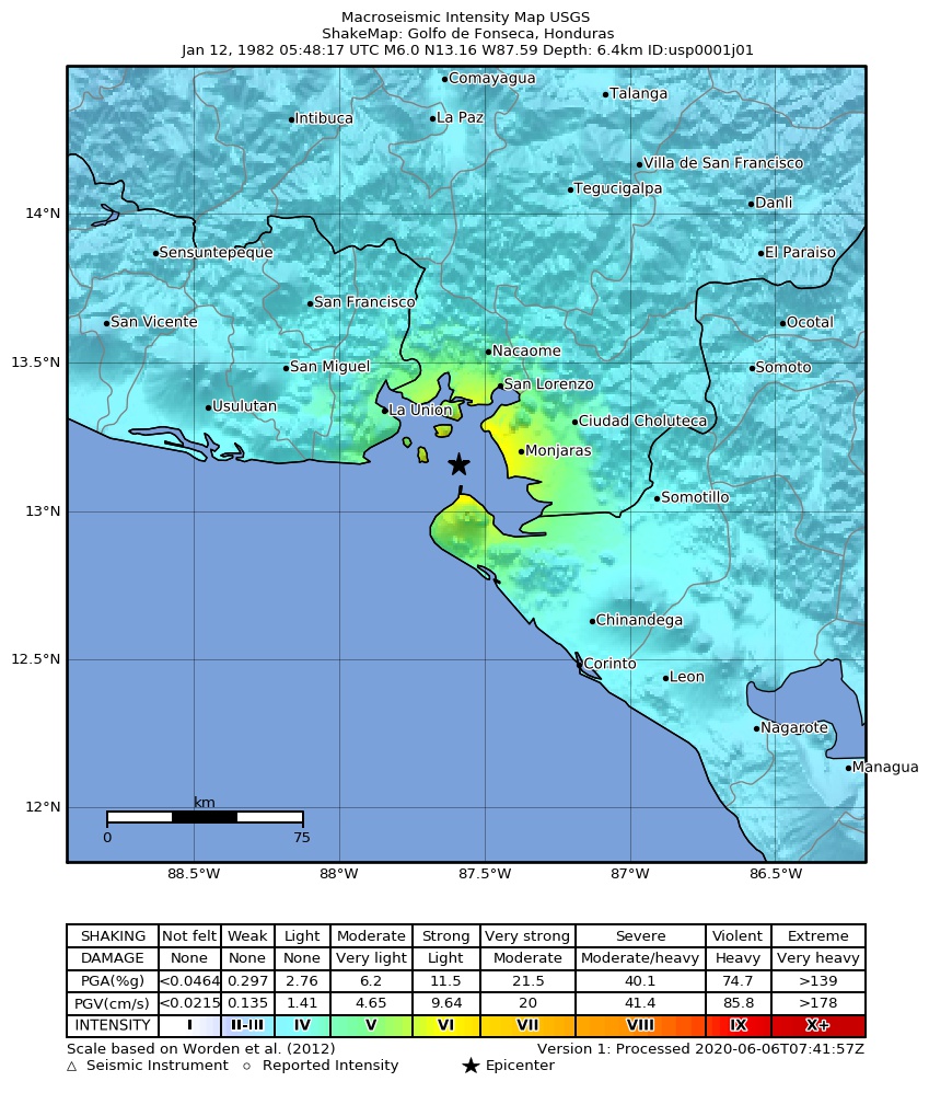 USGS ShakeMap: estimated shaking intensity around the epicenter