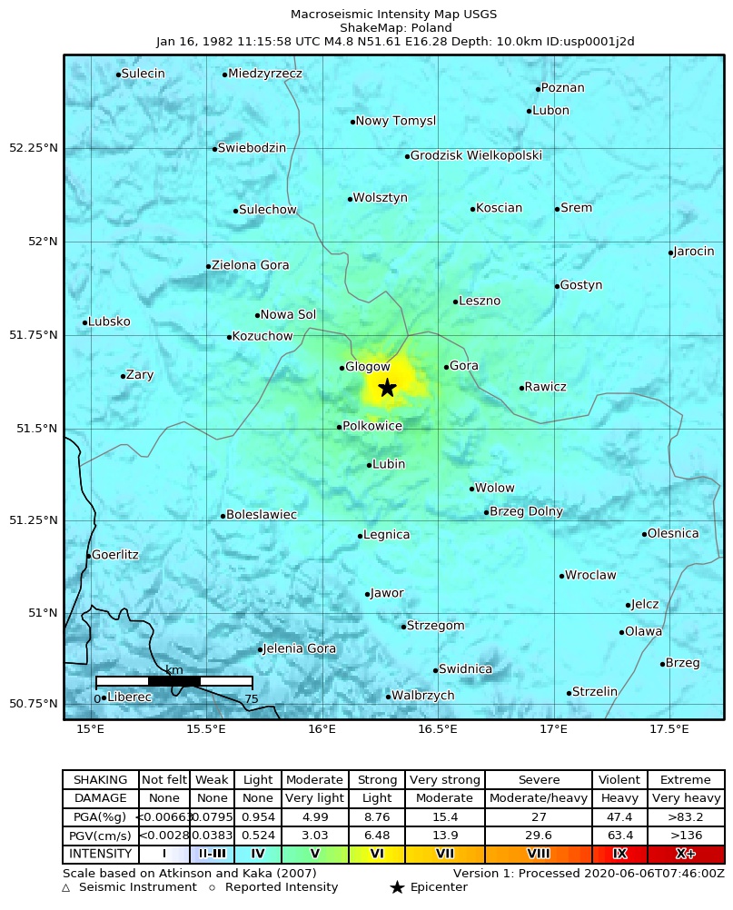 USGS ShakeMap: estimated shaking intensity around the epicenter