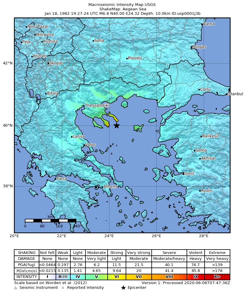 USGS ShakeMap: estimated shaking intensity around the epicenter