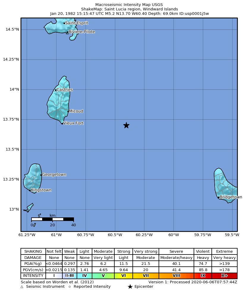 USGS ShakeMap: estimated shaking intensity around the epicenter