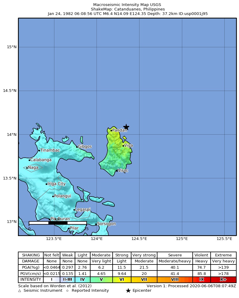 USGS ShakeMap: estimated shaking intensity around the epicenter