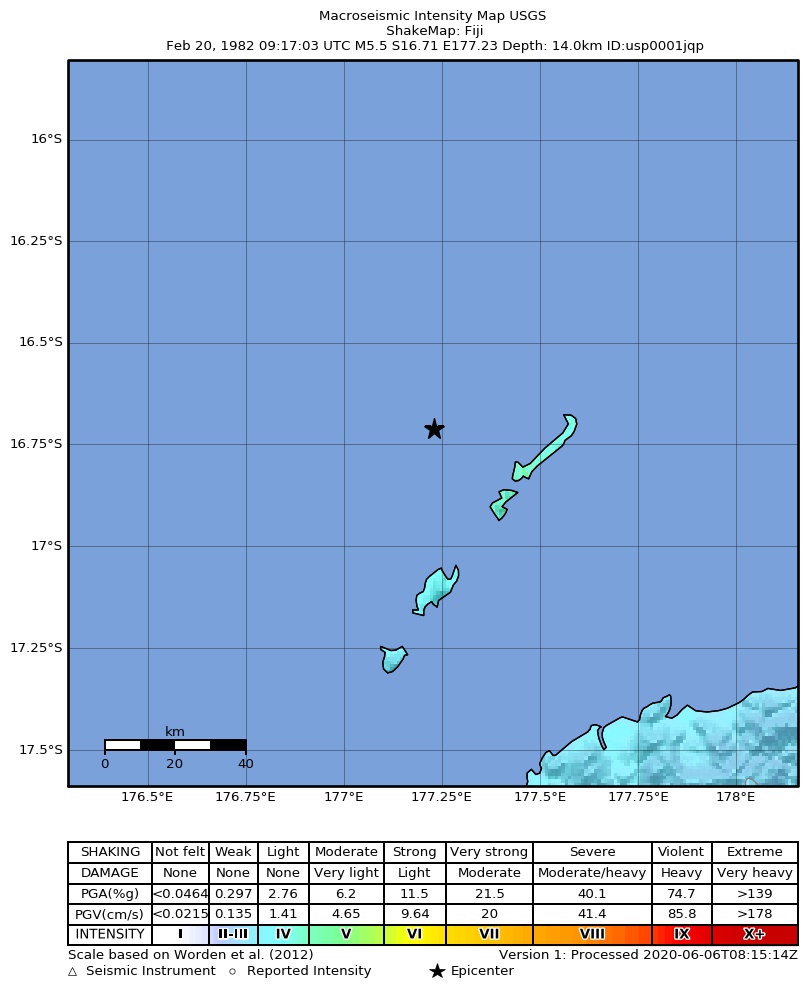 USGS ShakeMap: estimated shaking intensity around the epicenter