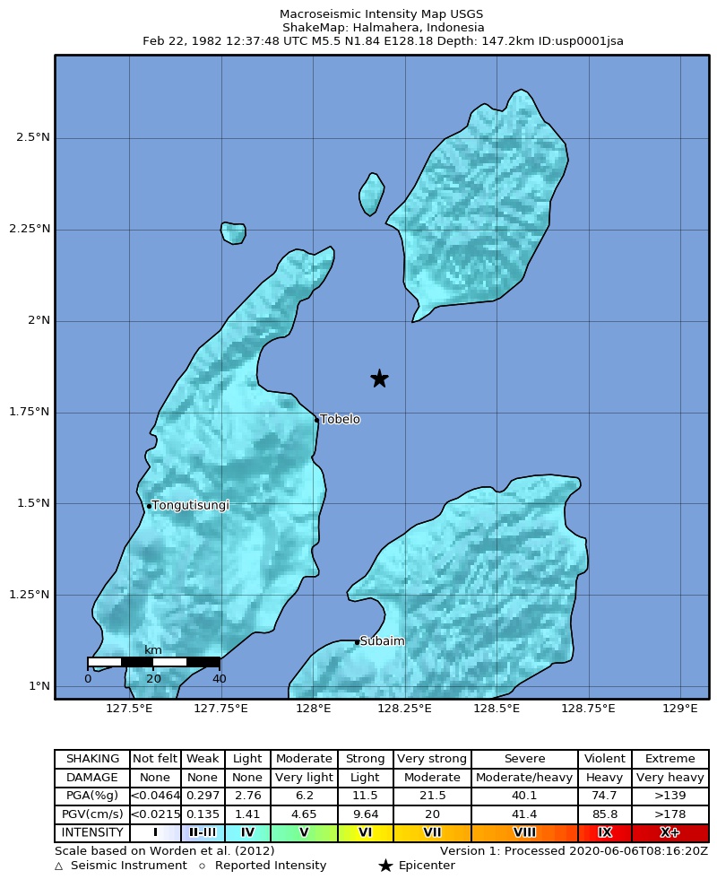 USGS ShakeMap: estimated shaking intensity around the epicenter