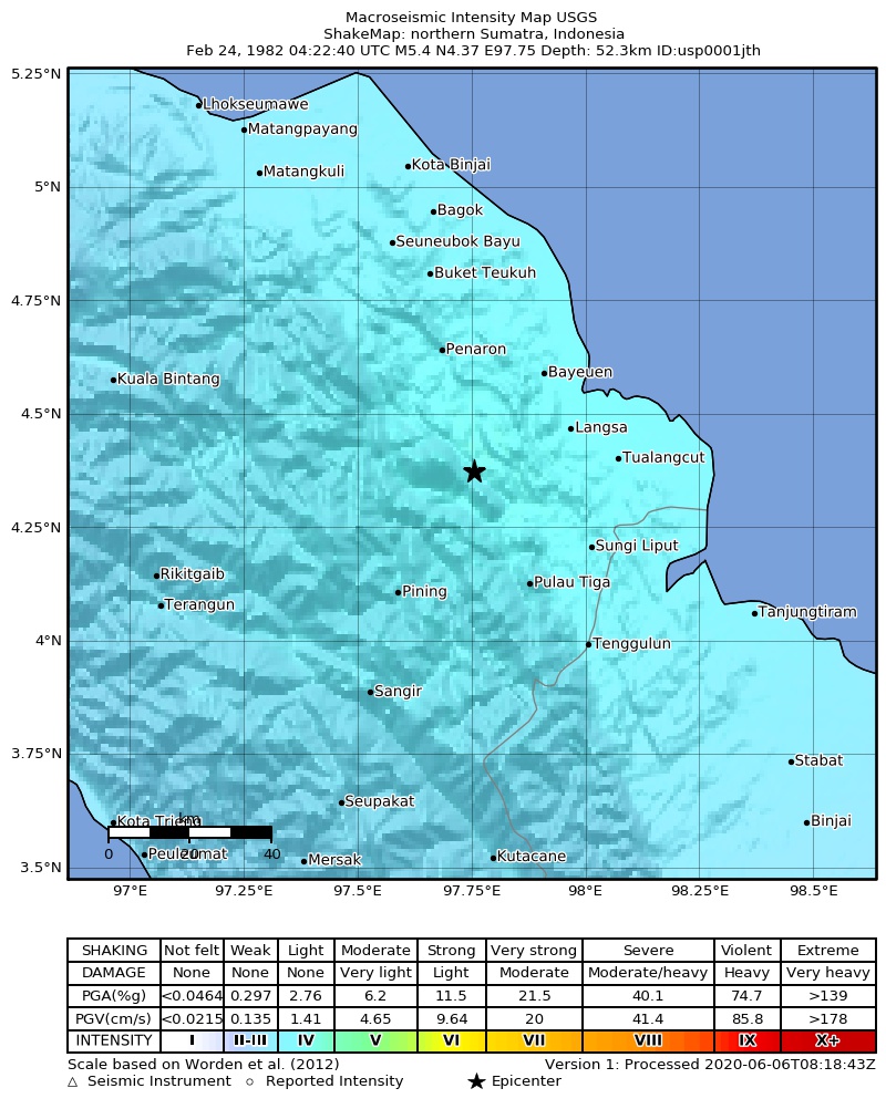 USGS ShakeMap: estimated shaking intensity around the epicenter