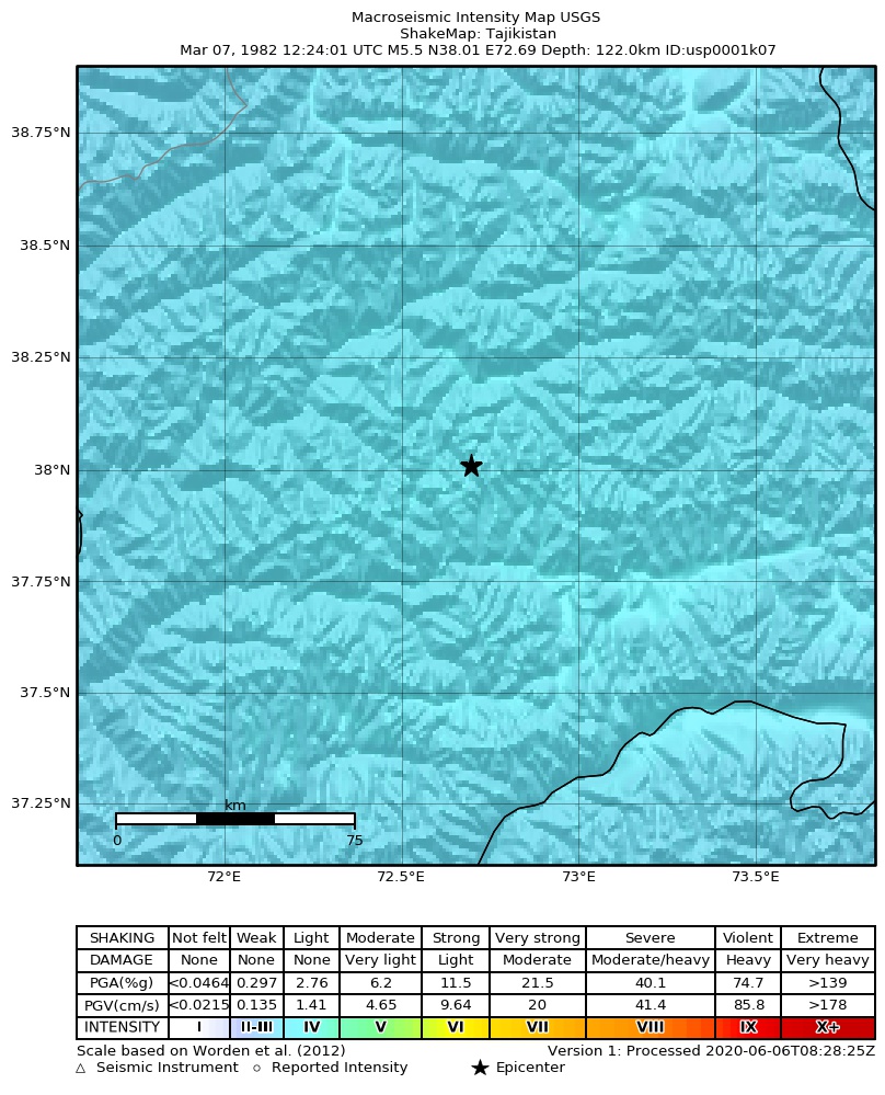 USGS ShakeMap: estimated shaking intensity around the epicenter