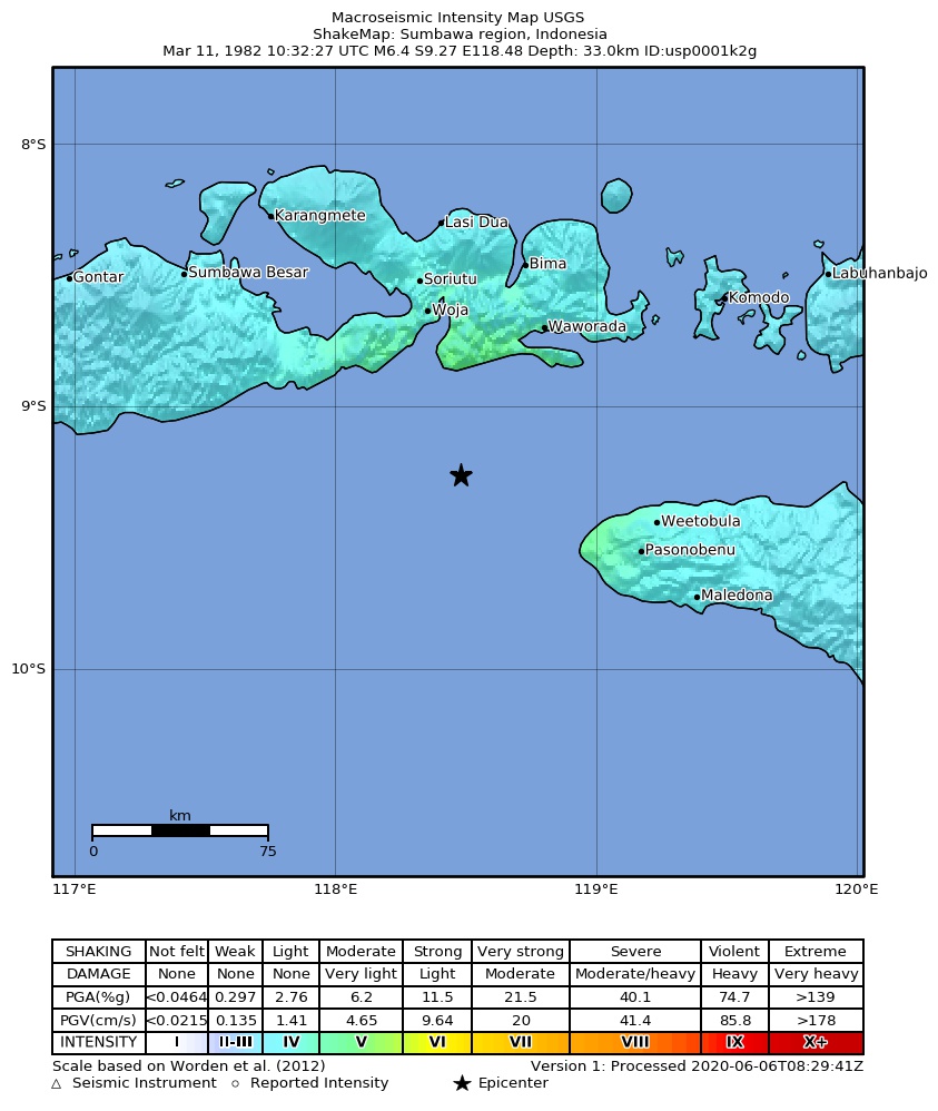 USGS ShakeMap: estimated shaking intensity around the epicenter
