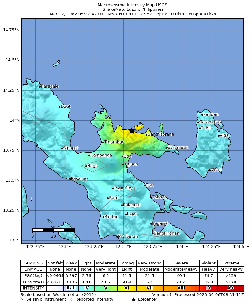 USGS ShakeMap: estimated shaking intensity around the epicenter