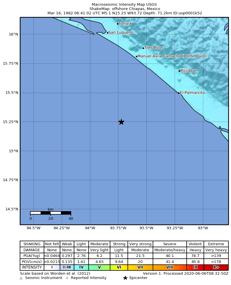 USGS ShakeMap: estimated shaking intensity around the epicenter
