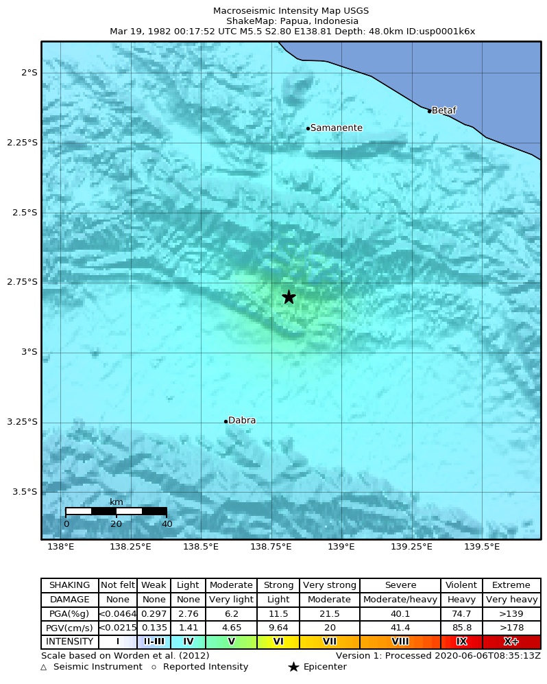 USGS ShakeMap: estimated shaking intensity around the epicenter