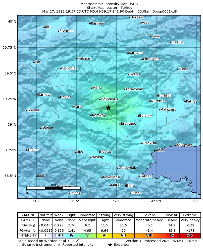 USGS ShakeMap: estimated shaking intensity around the epicenter