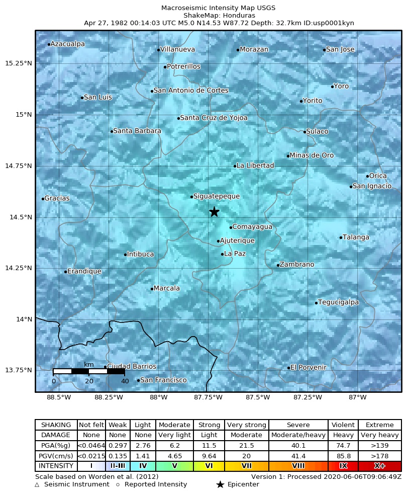 USGS ShakeMap: estimated shaking intensity around the epicenter