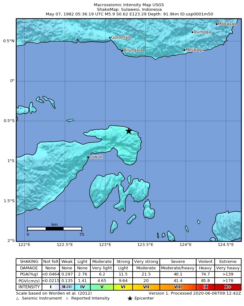 USGS ShakeMap: estimated shaking intensity around the epicenter