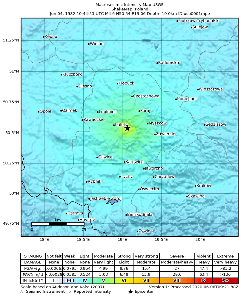 USGS ShakeMap: estimated shaking intensity around the epicenter