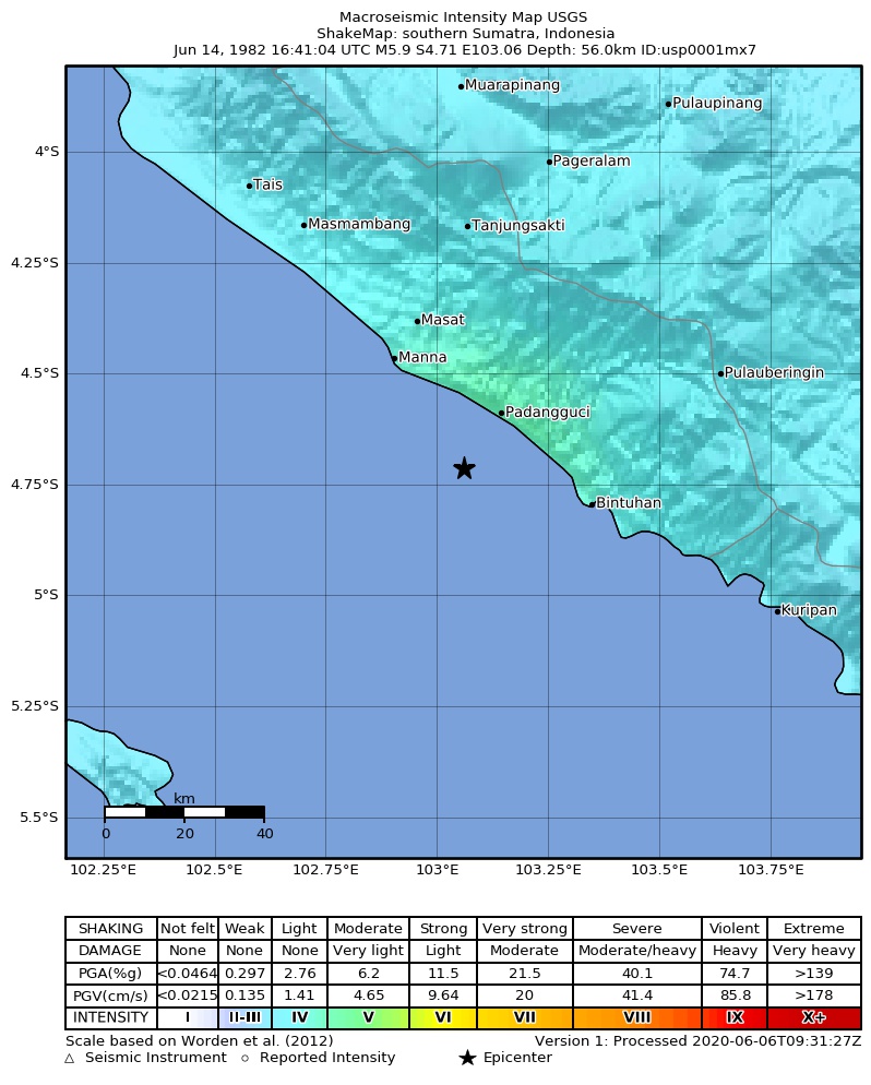 USGS ShakeMap: estimated shaking intensity around the epicenter
