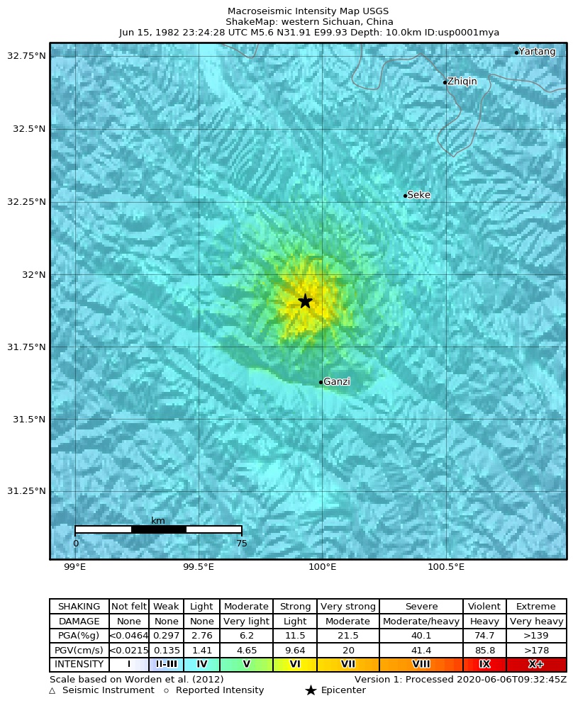 USGS ShakeMap: estimated shaking intensity around the epicenter