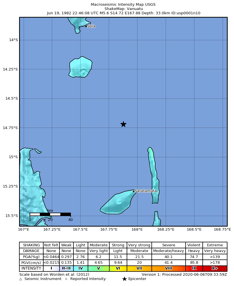 USGS ShakeMap: estimated shaking intensity around the epicenter