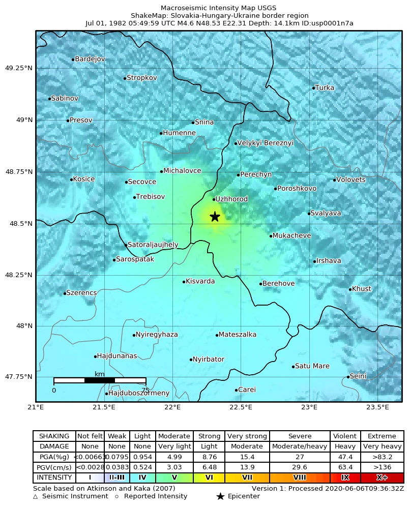 USGS ShakeMap: estimated shaking intensity around the epicenter