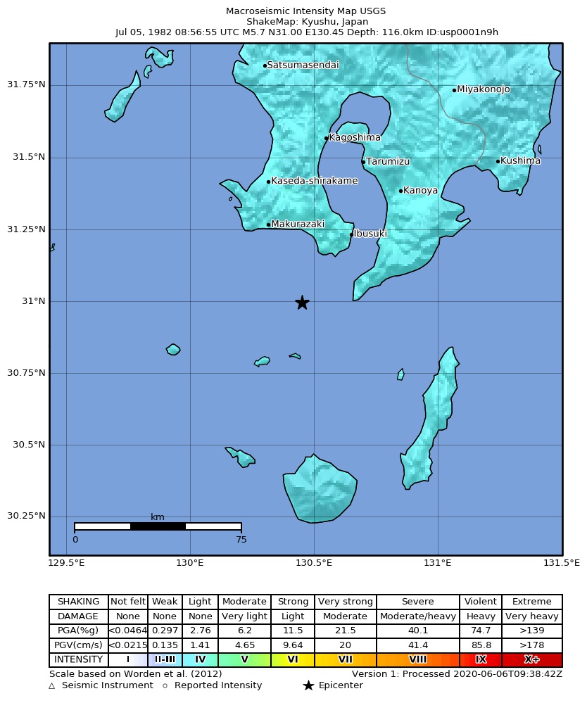 USGS ShakeMap: estimated shaking intensity around the epicenter