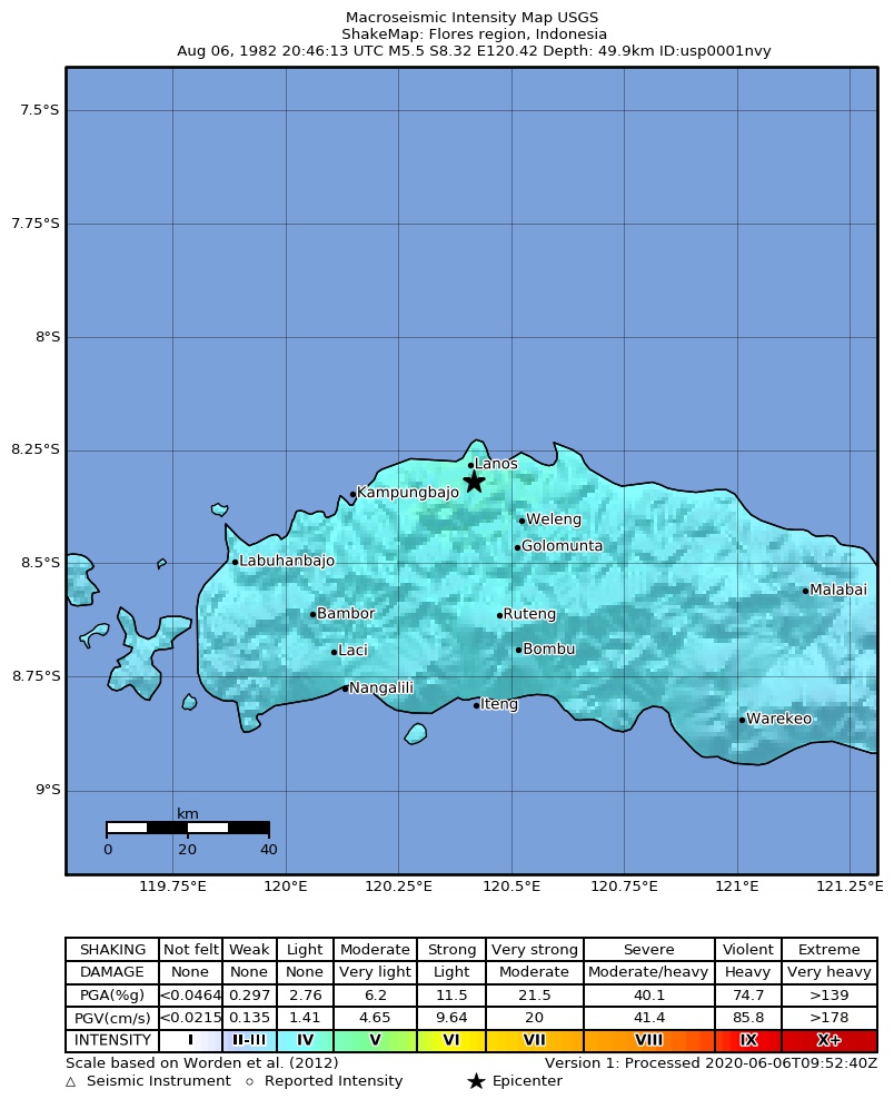 USGS ShakeMap: estimated shaking intensity around the epicenter