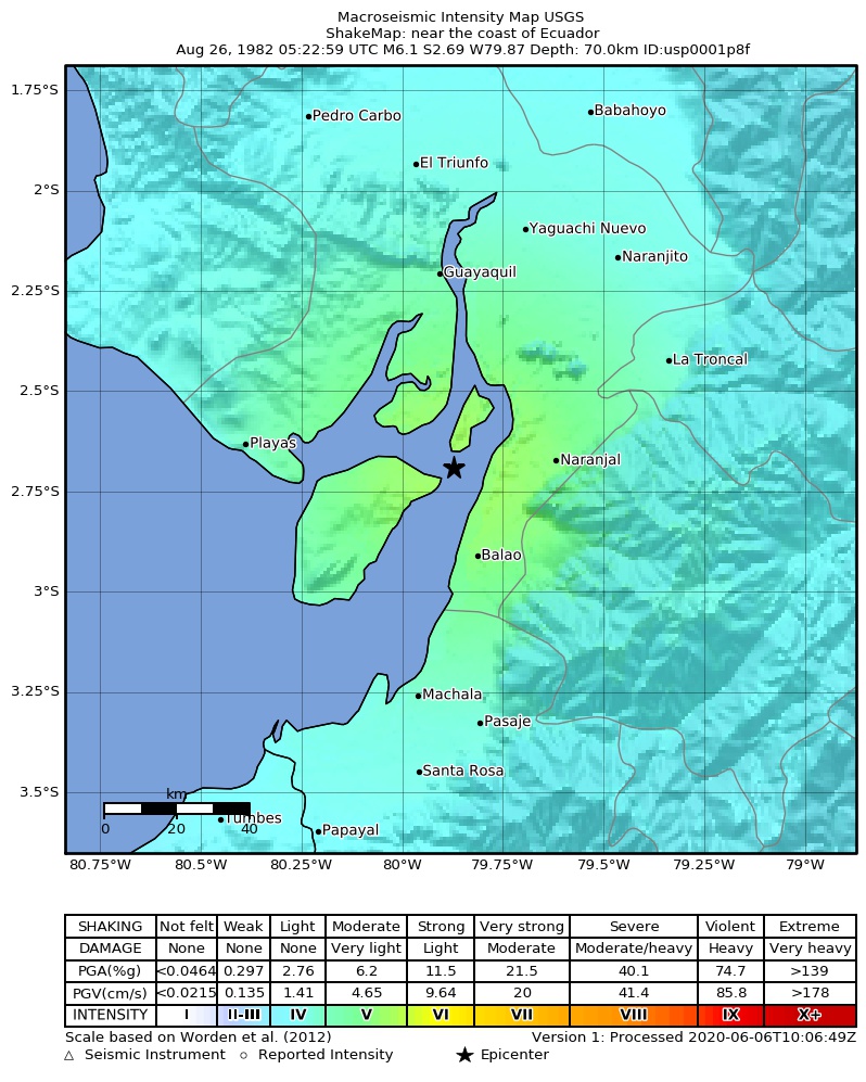 USGS ShakeMap: estimated shaking intensity around the epicenter