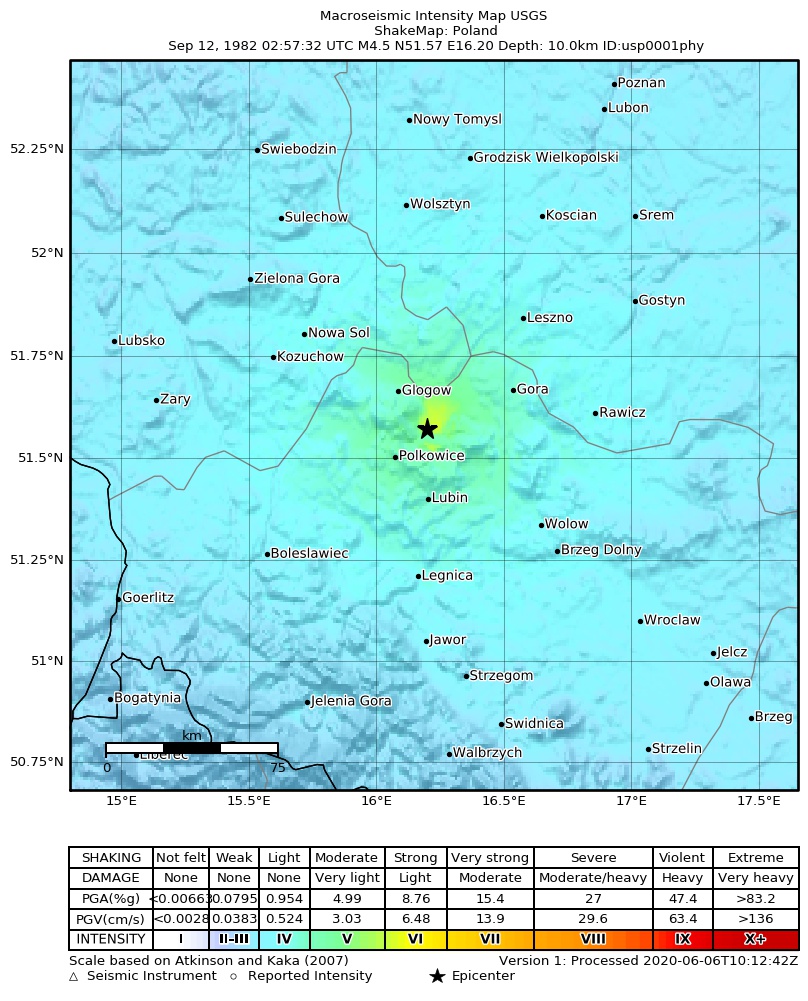 USGS ShakeMap: estimated shaking intensity around the epicenter