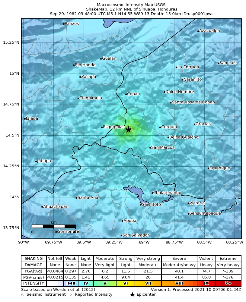 USGS ShakeMap: estimated shaking intensity around the epicenter