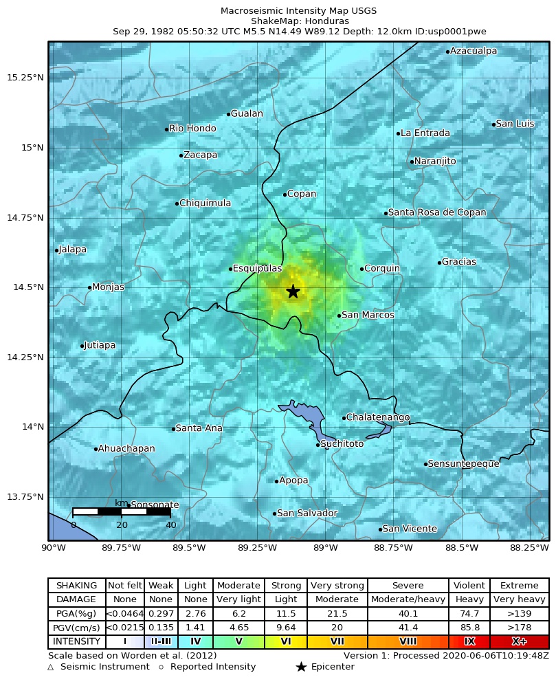 USGS ShakeMap: estimated shaking intensity around the epicenter
