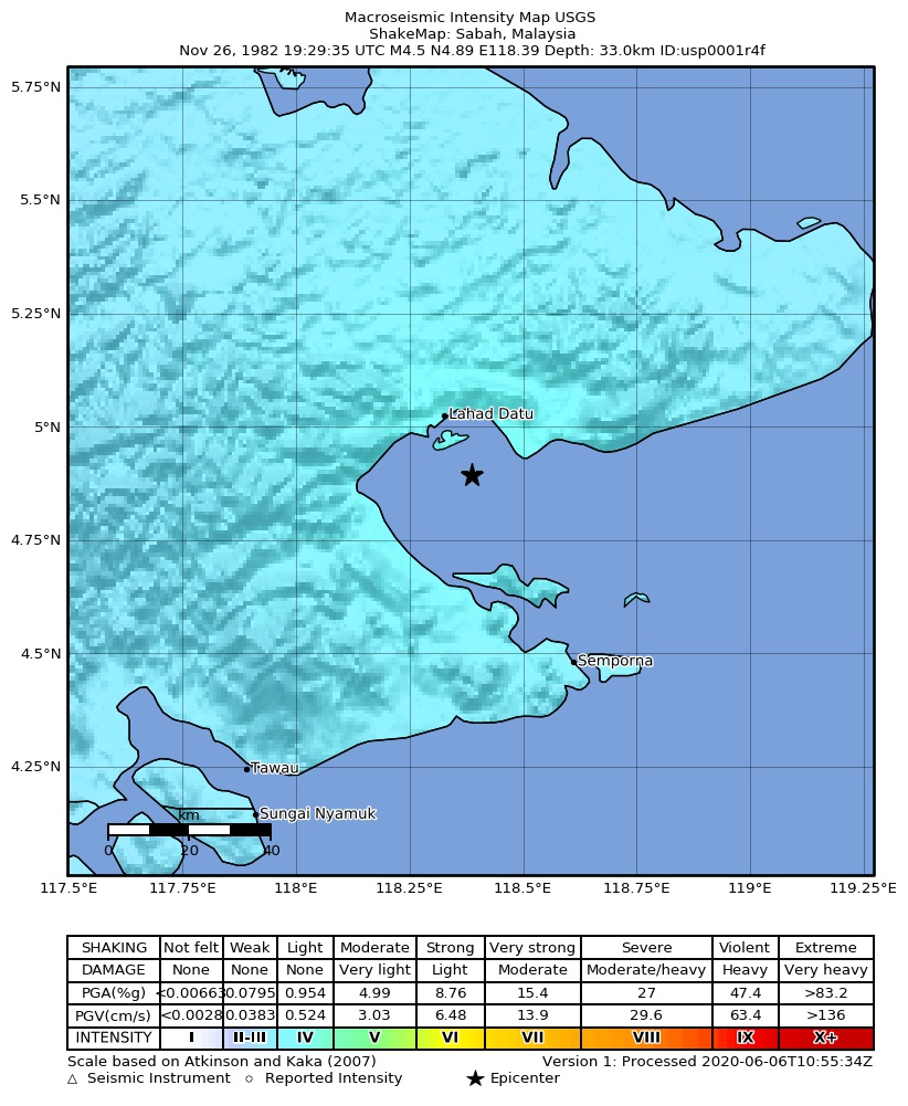 USGS ShakeMap: estimated shaking intensity around the epicenter