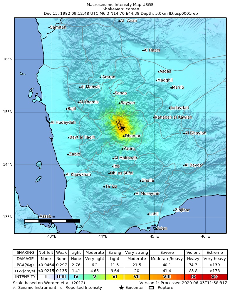 USGS ShakeMap: estimated shaking intensity around the epicenter
