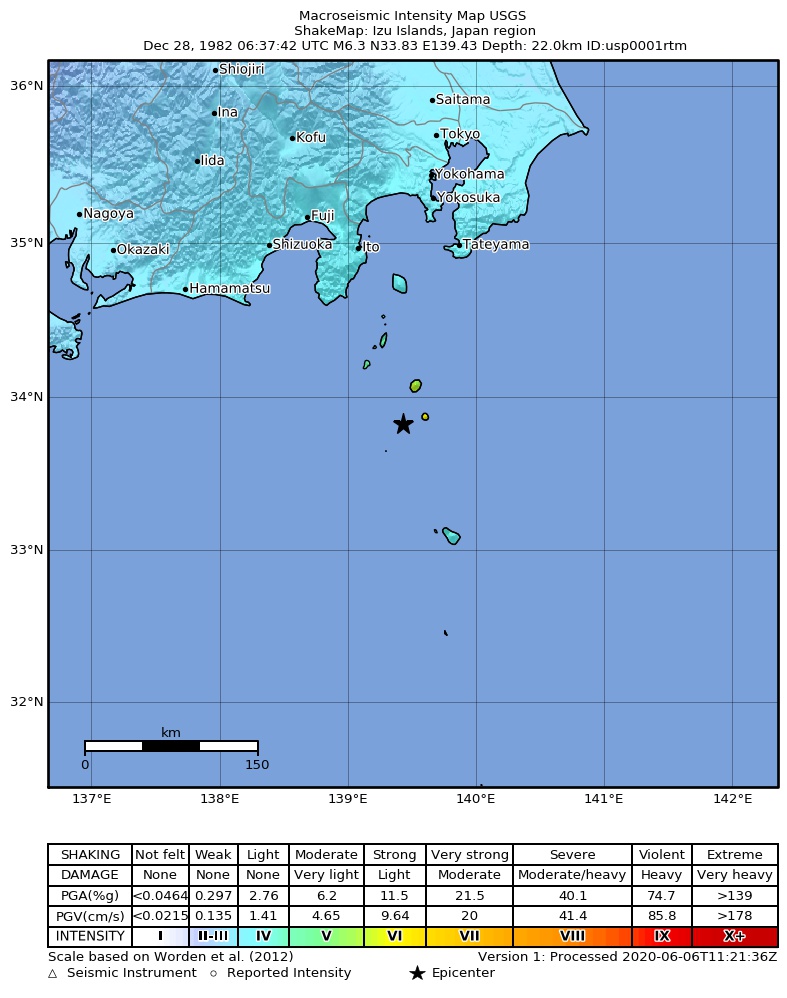 USGS ShakeMap: estimated shaking intensity around the epicenter