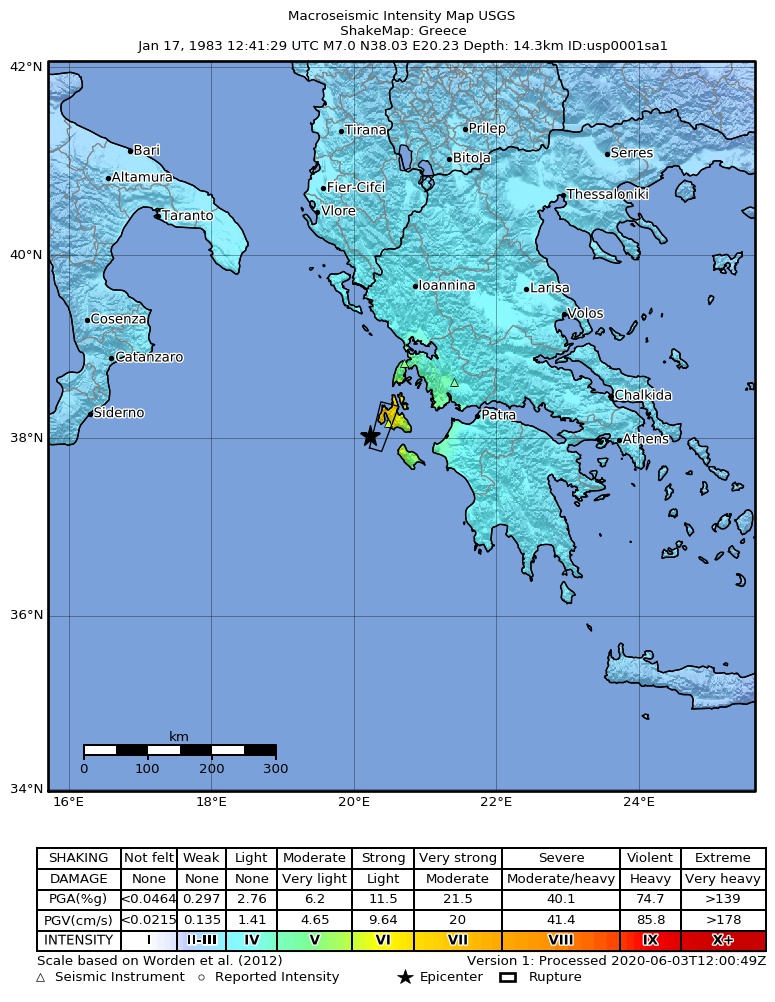 USGS ShakeMap: estimated shaking intensity around the epicenter