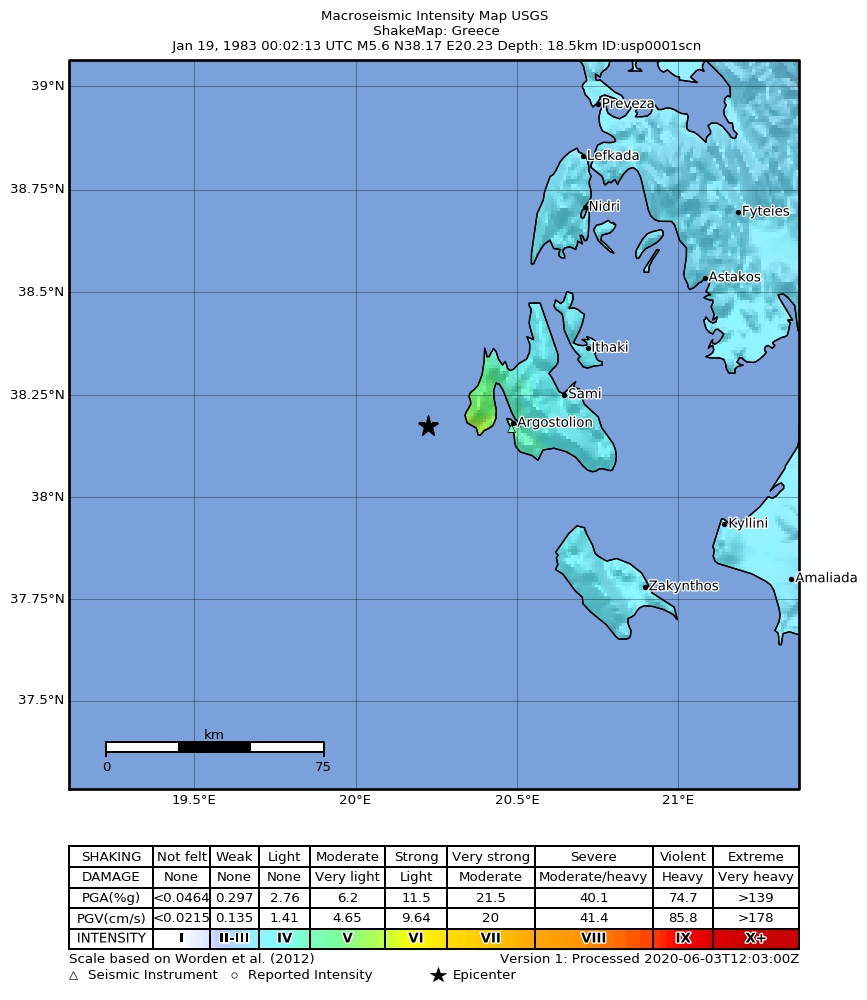 USGS ShakeMap: estimated shaking intensity around the epicenter