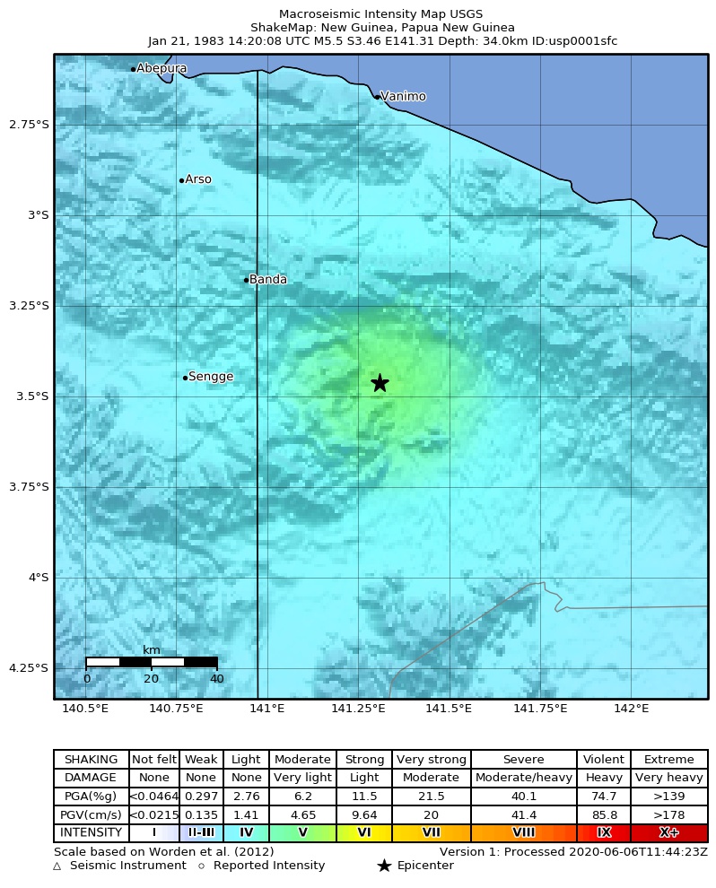 USGS ShakeMap: estimated shaking intensity around the epicenter