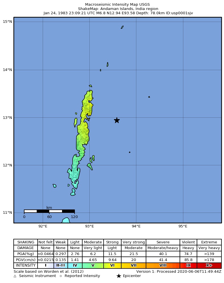 USGS ShakeMap: estimated shaking intensity around the epicenter