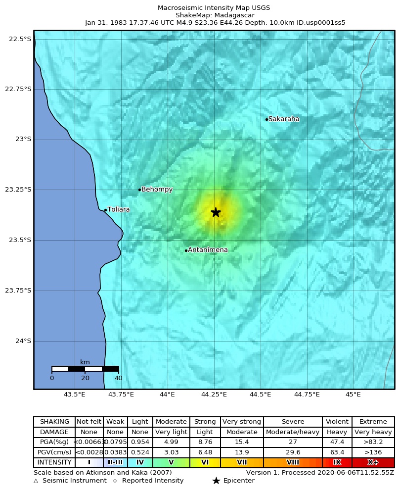 USGS ShakeMap: estimated shaking intensity around the epicenter