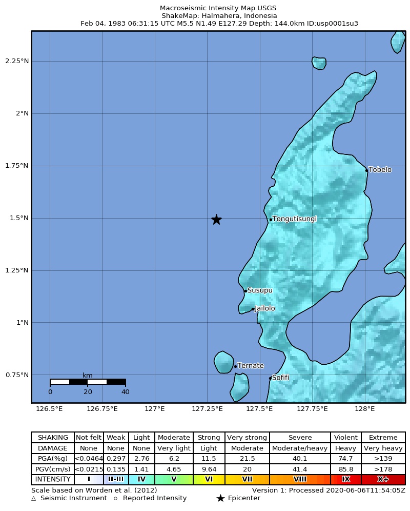 USGS ShakeMap: estimated shaking intensity around the epicenter