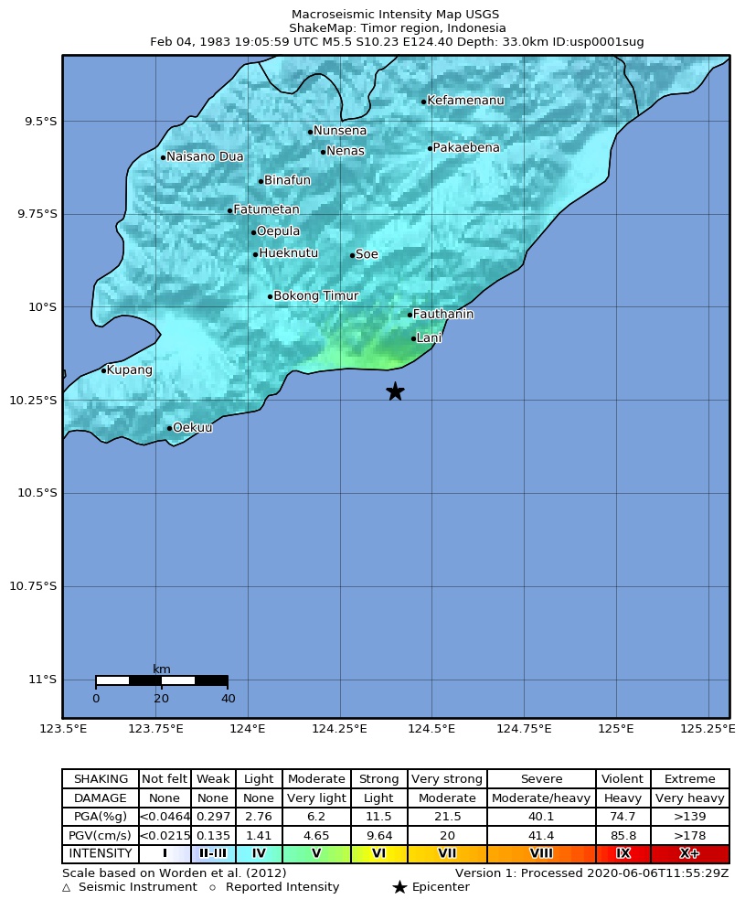 USGS ShakeMap: estimated shaking intensity around the epicenter