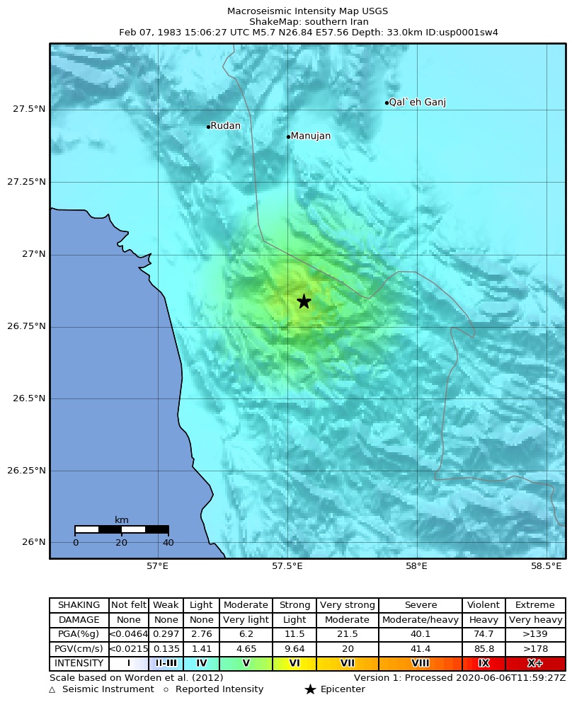 USGS ShakeMap: estimated shaking intensity around the epicenter