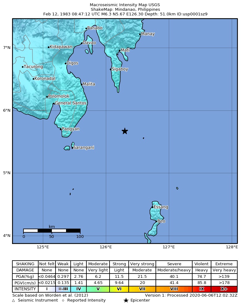 USGS ShakeMap: estimated shaking intensity around the epicenter