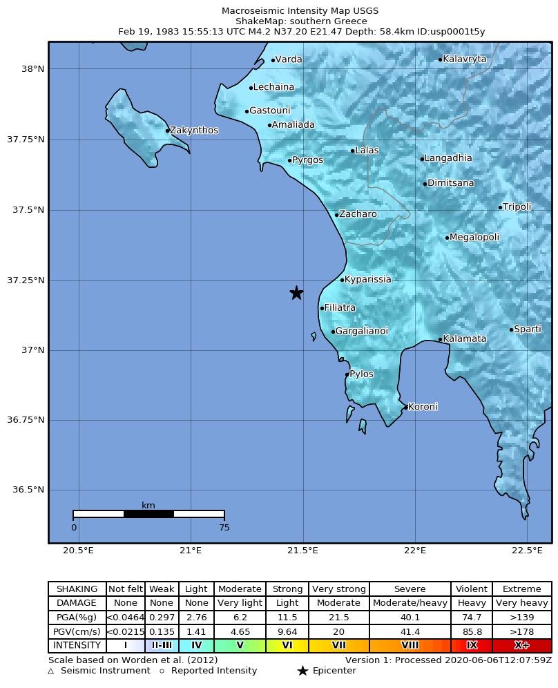 USGS ShakeMap: estimated shaking intensity around the epicenter