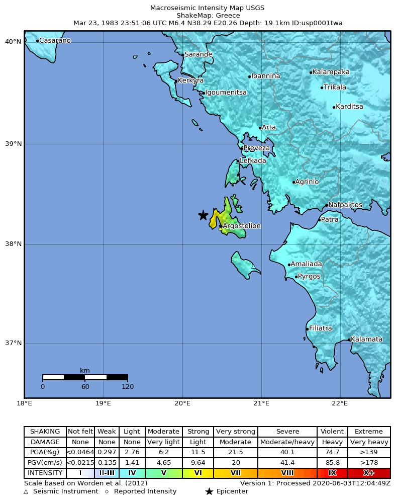 USGS ShakeMap: estimated shaking intensity around the epicenter