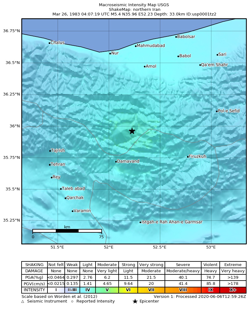 USGS ShakeMap: estimated shaking intensity around the epicenter