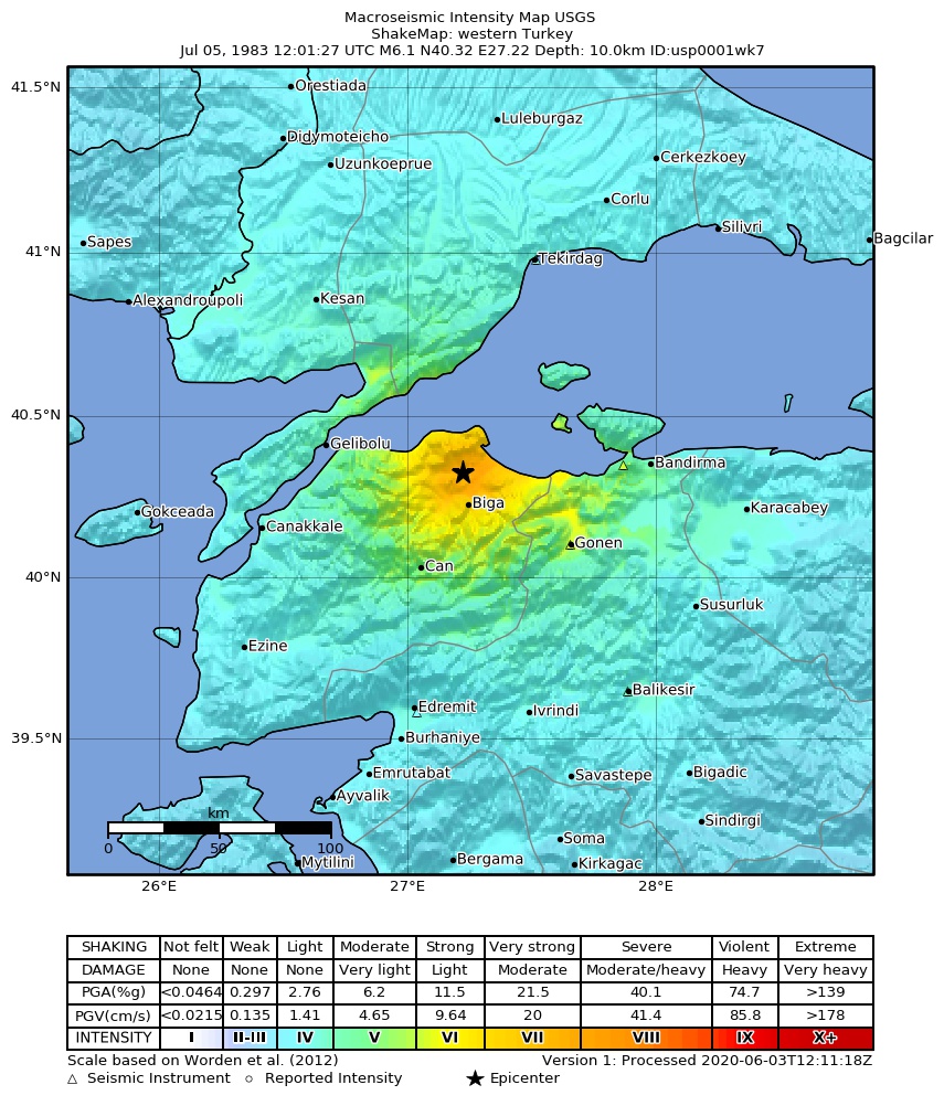 USGS ShakeMap: estimated shaking intensity around the epicenter