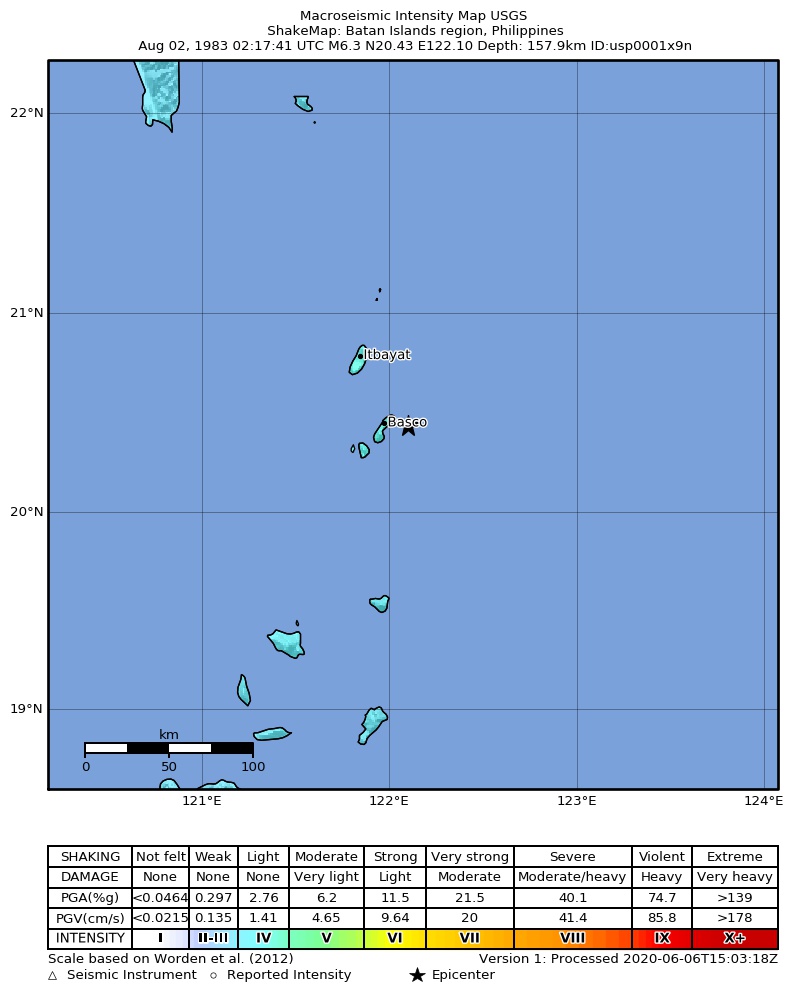 USGS ShakeMap: estimated shaking intensity around the epicenter