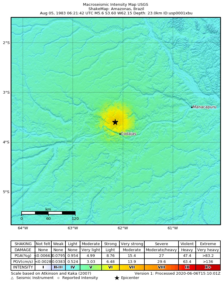 USGS ShakeMap: estimated shaking intensity around the epicenter