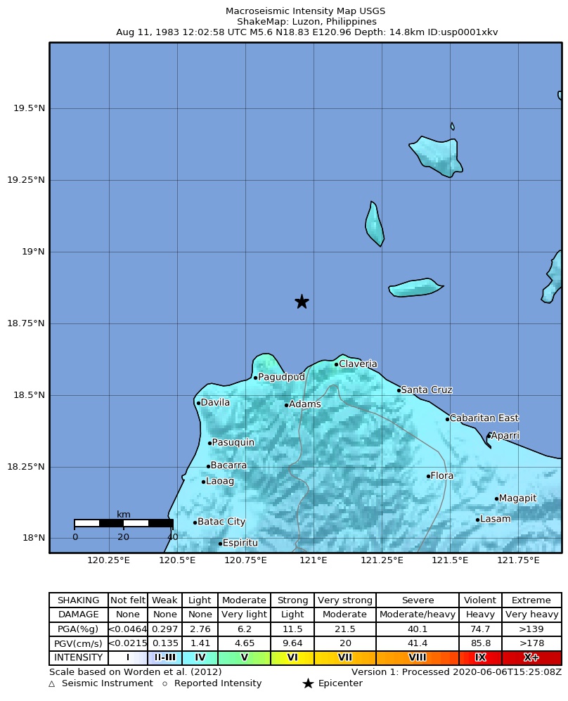 USGS ShakeMap: estimated shaking intensity around the epicenter